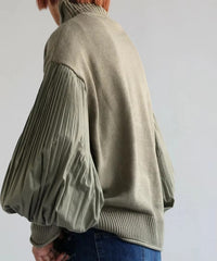 Lantern Sleeve Knitted Pullover Patchwork Turtleneck Pleated Loose Sweaters