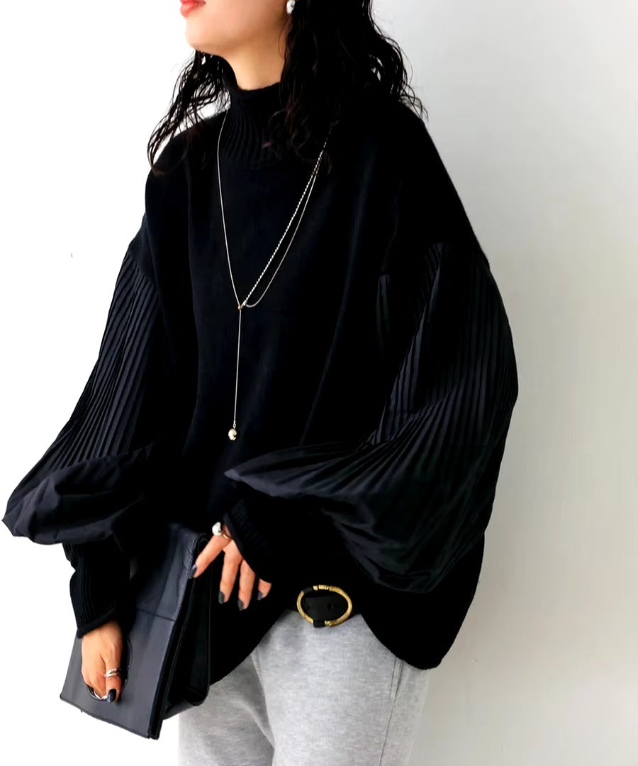 Lantern Sleeve Knitted Pullover Patchwork Turtleneck Pleated Loose Sweaters