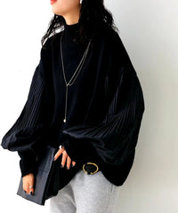 Lantern Sleeve Knitted Pullover Patchwork Turtleneck Pleated Loose Sweaters