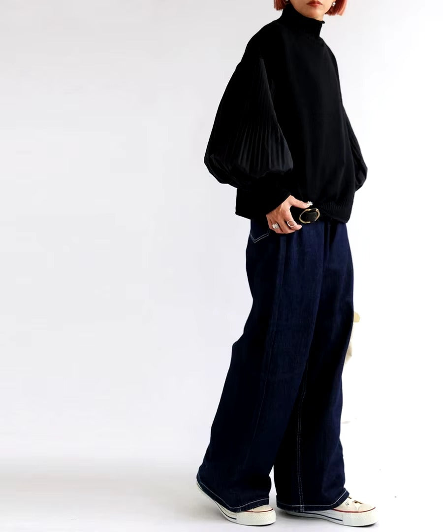Lantern Sleeve Knitted Pullover Patchwork Turtleneck Pleated Loose Sweaters