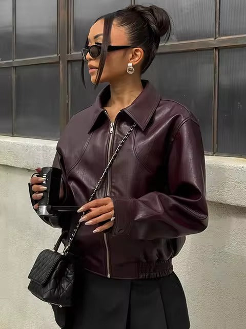 Lapel Long Sleeved Short Leather Slim Street Party Outwears Jacket