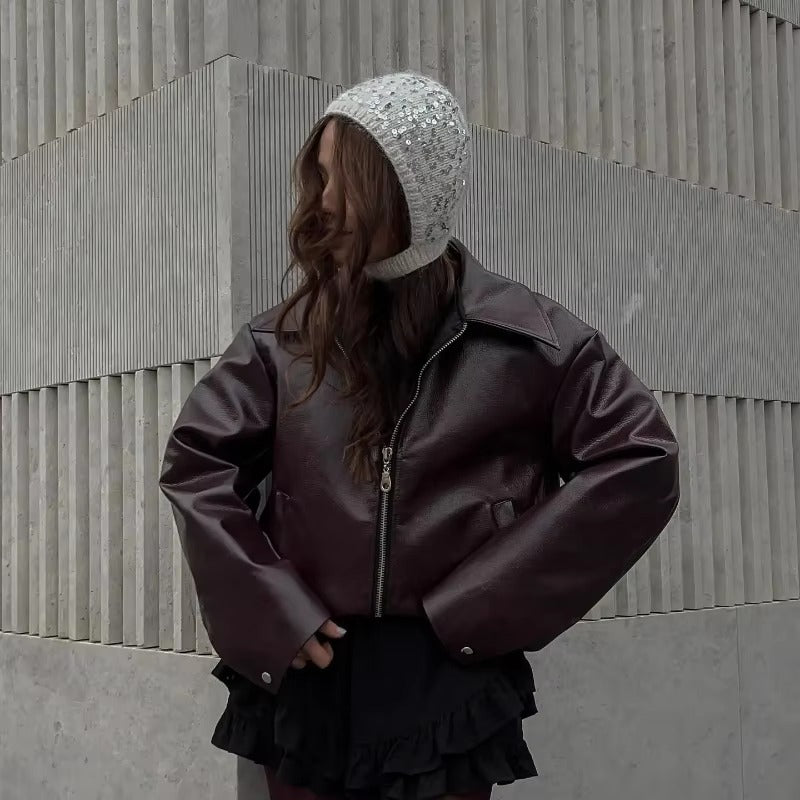 Lapel Long Sleeved Short Leather Slim Street Party Outwears Jacket