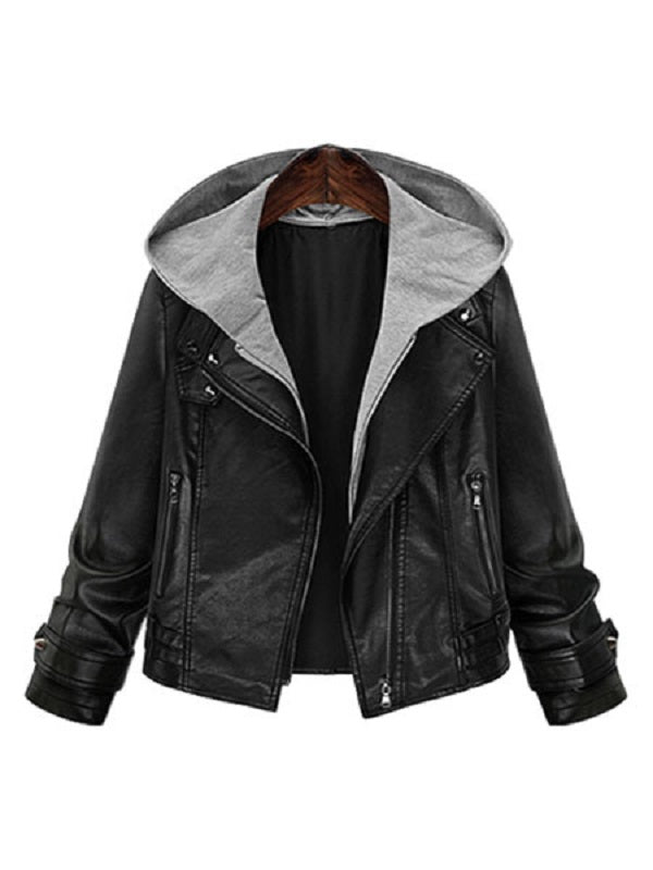 Leather Jacket Long Sleeve Hooded Patchwork Jacket