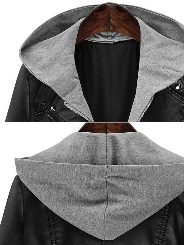 Leather Jacket Long Sleeve Hooded Patchwork Jacket