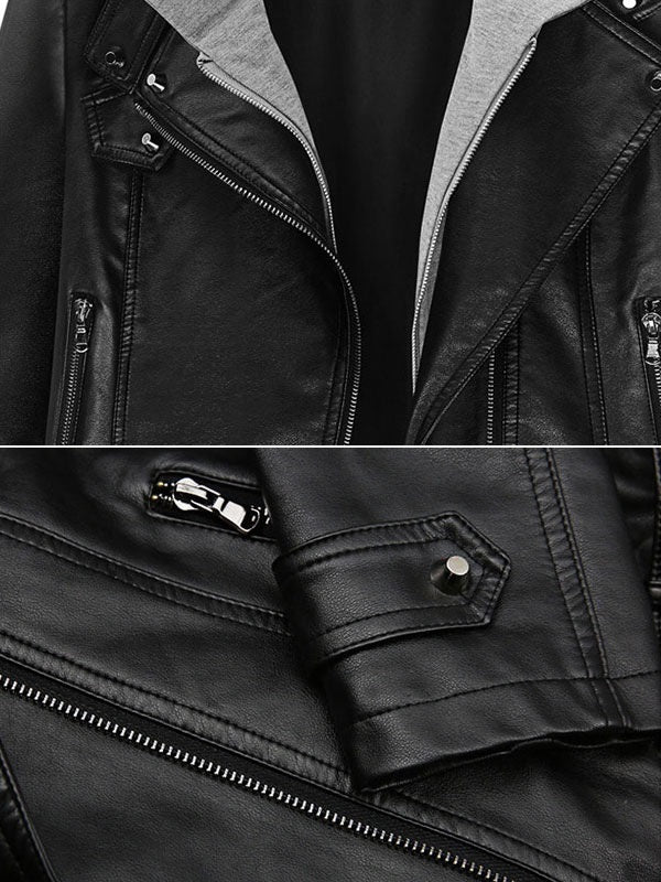 Leather Jacket Long Sleeve Hooded Patchwork Jacket