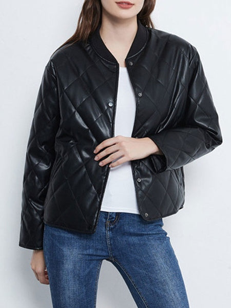 Leather Jewel Neck Long Sleeve Short Jackets