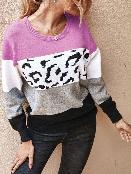 Leopard Print Jewel Neck Long Sleeves Sweaters