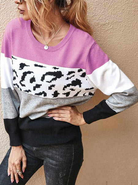 Leopard Print Jewel Neck Long Sleeves Sweaters