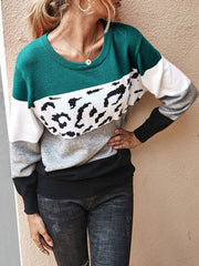 Leopard Print Jewel Neck Long Sleeves Sweaters