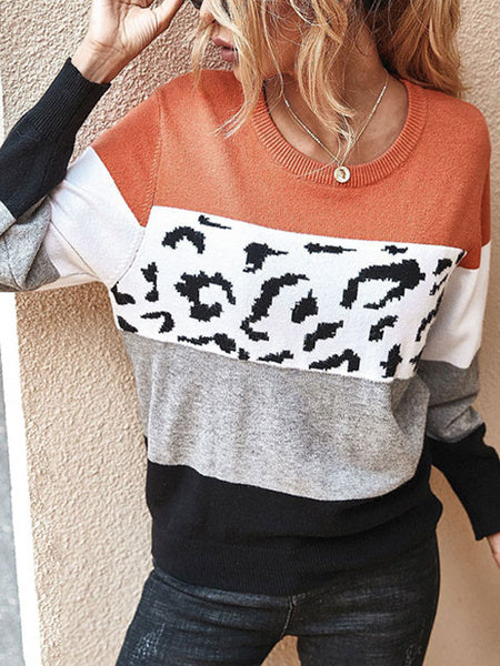 Leopard Print Jewel Neck Long Sleeves Sweaters
