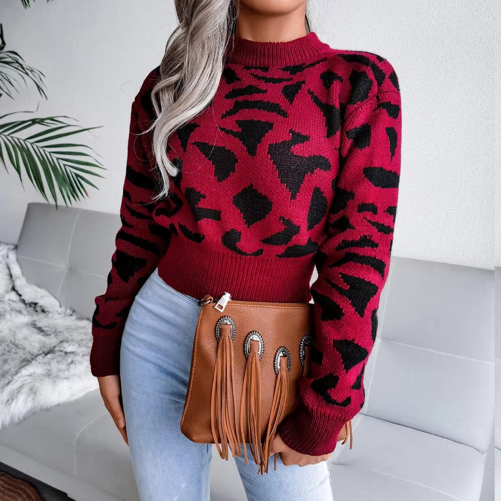 Leopard Print Nipped Crop O Neck Full Sleeve Knitted Pullovers Sweater