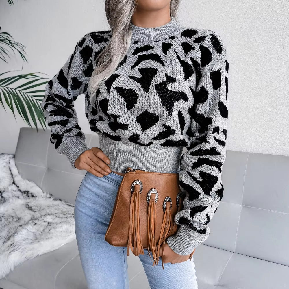 Leopard Print Nipped Crop O Neck Full Sleeve Knitted Pullovers Sweater