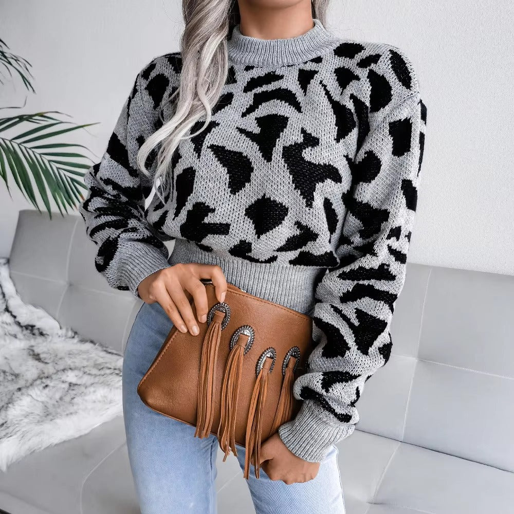Leopard Print Nipped Crop O Neck Full Sleeve Knitted Pullovers Sweater