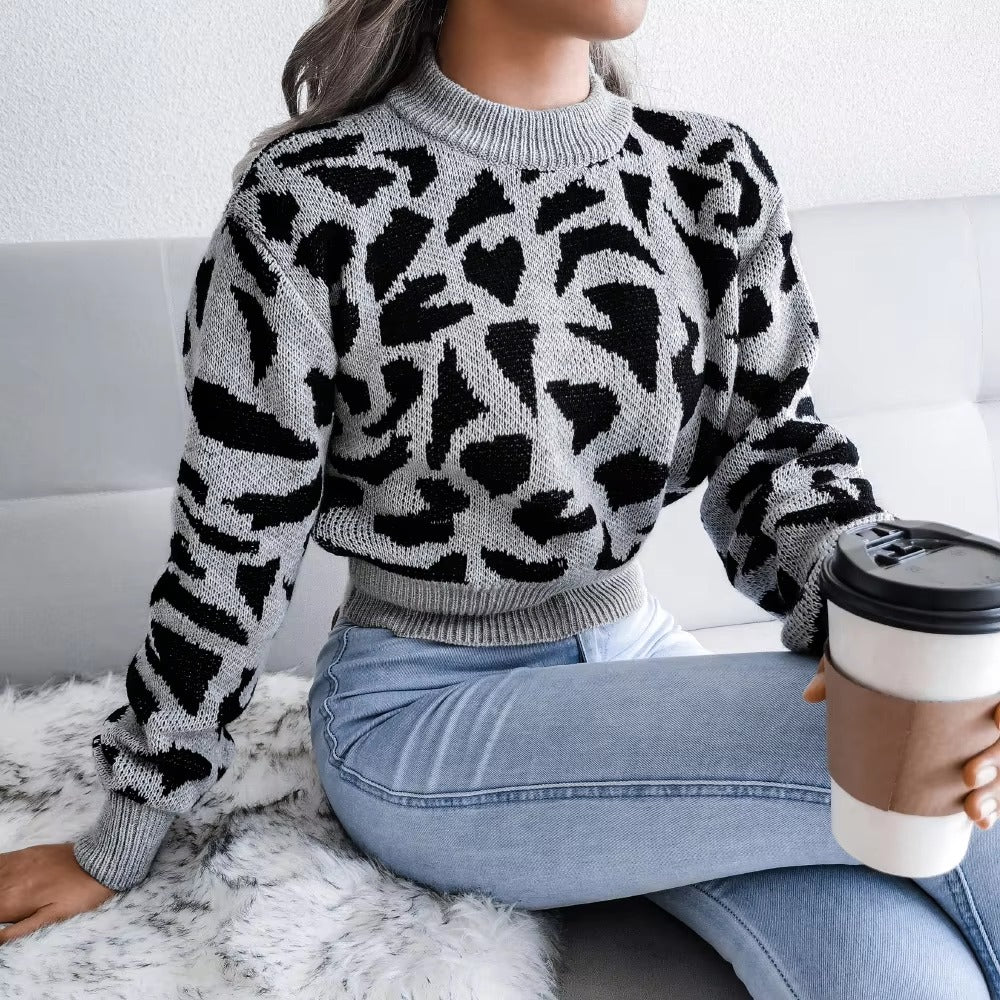 Leopard Print Nipped Crop O Neck Full Sleeve Knitted Pullovers Sweater