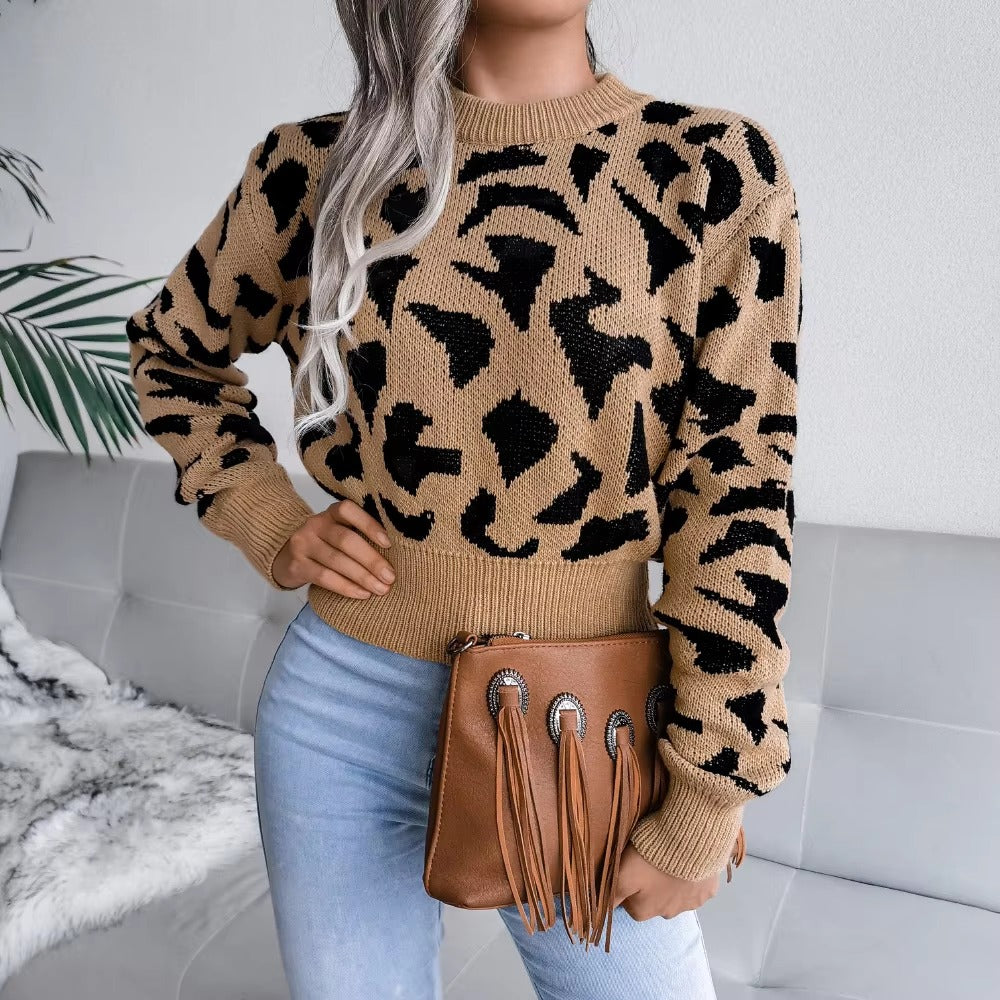 Leopard Print Nipped Crop O Neck Full Sleeve Knitted Pullovers Sweater