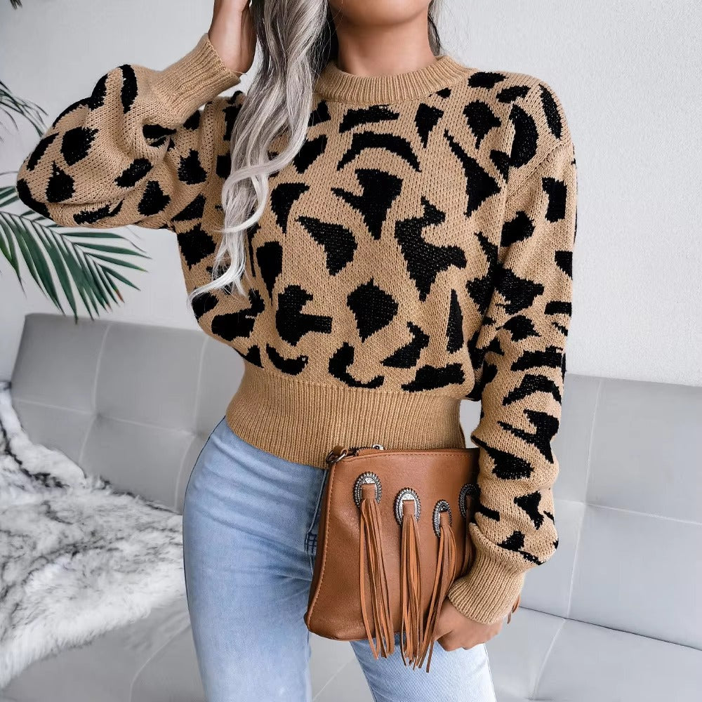 Leopard Print Nipped Crop O Neck Full Sleeve Knitted Pullovers Sweater