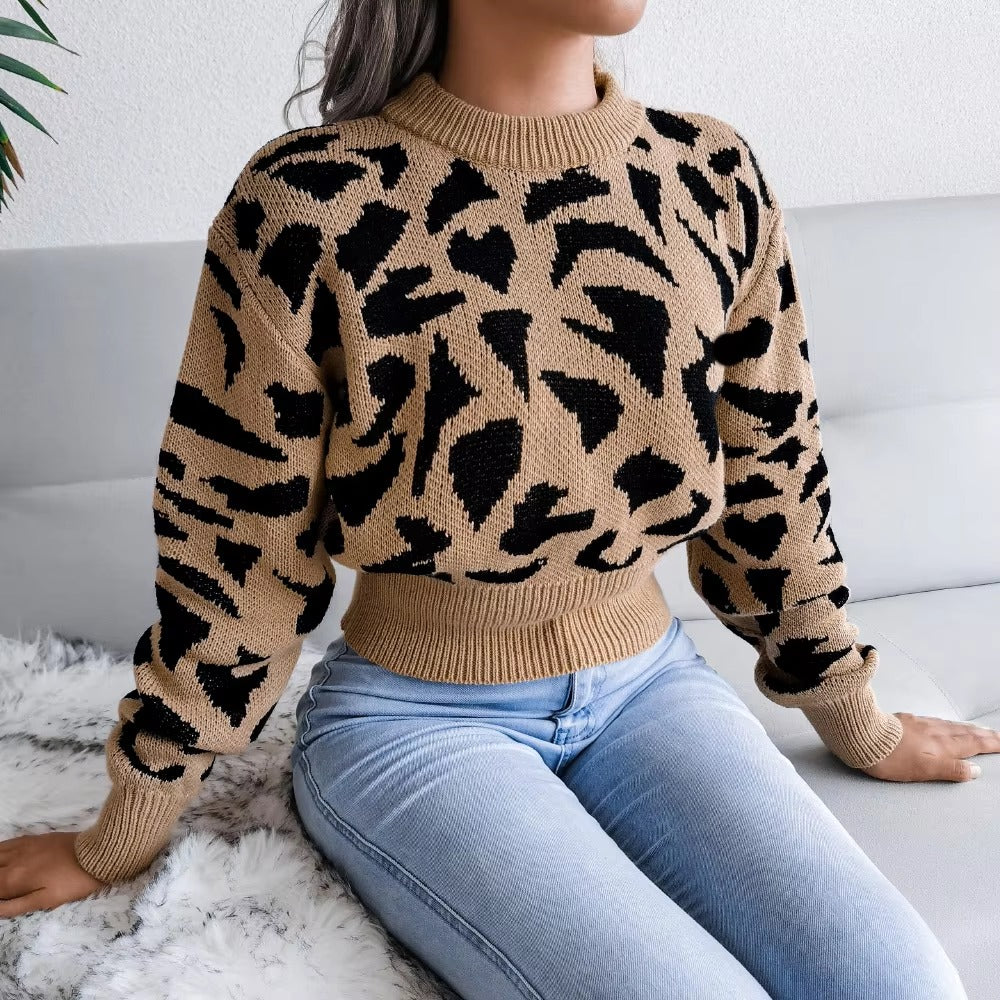 Leopard Print Nipped Crop O Neck Full Sleeve Knitted Pullovers Sweater