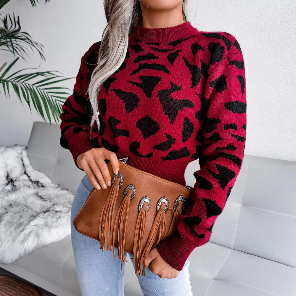 Leopard Print Nipped Crop O Neck Full Sleeve Knitted Pullovers Sweater