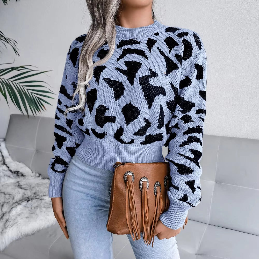 Leopard Print Nipped Crop O Neck Full Sleeve Knitted Pullovers Sweater