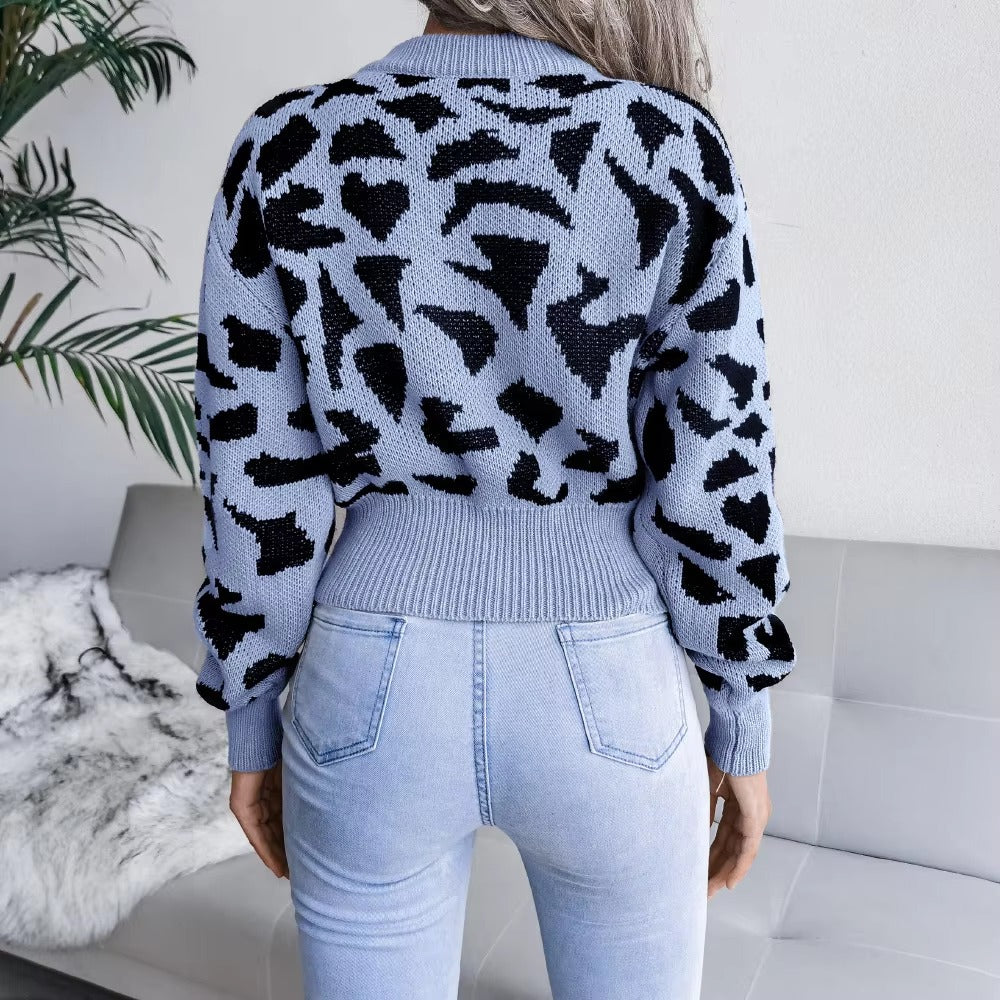 Leopard Print Nipped Crop O Neck Full Sleeve Knitted Pullovers Sweater