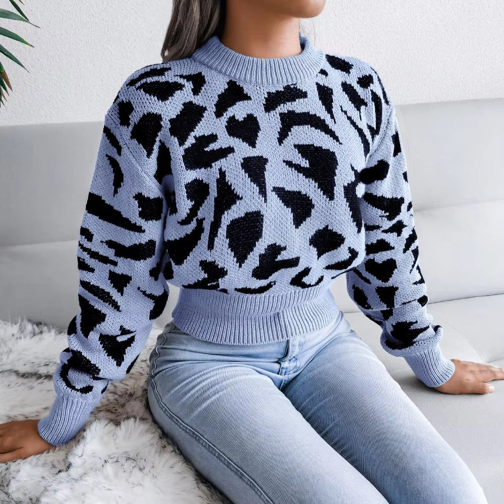 Leopard Print Nipped Crop O Neck Full Sleeve Knitted Pullovers Sweater