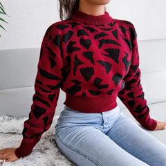Leopard Print Nipped Crop O Neck Full Sleeve Knitted Pullovers Sweater