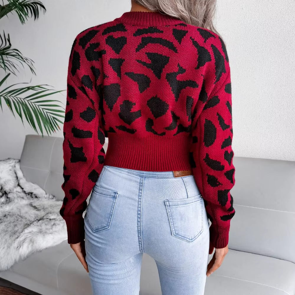 Leopard Print Nipped Crop O Neck Full Sleeve Knitted Pullovers Sweater