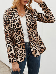 Leopard Turndown Collar Long Sleeve Front Button Short Jacket