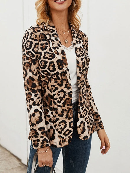 Leopard Turndown Collar Long Sleeve Front Button Short Jacket