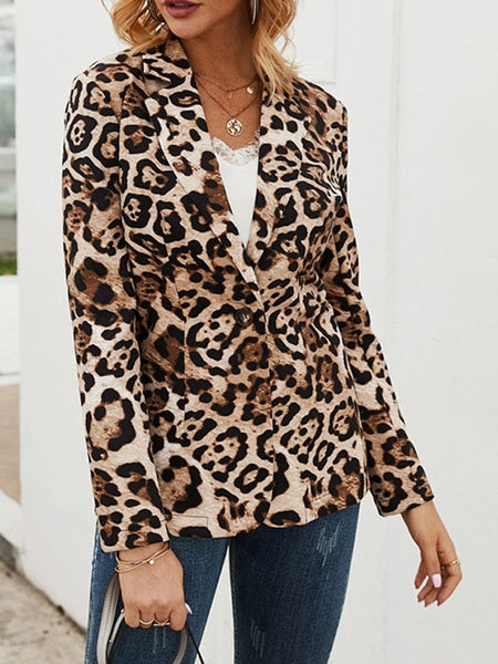 Leopard Turndown Collar Long Sleeve Front Button Short Jacket