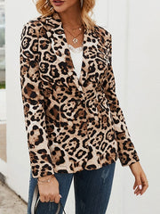Leopard Turndown Collar Long Sleeve Front Button Short Jacket