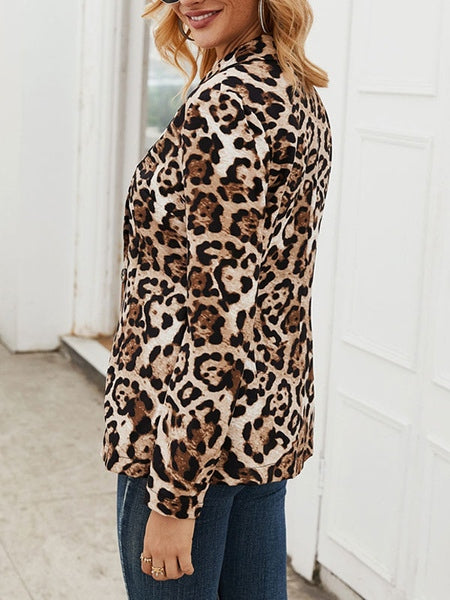 Leopard Turndown Collar Long Sleeve Front Button Short Jacket