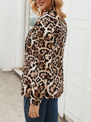 Leopard Turndown Collar Long Sleeve Front Button Short Jacket