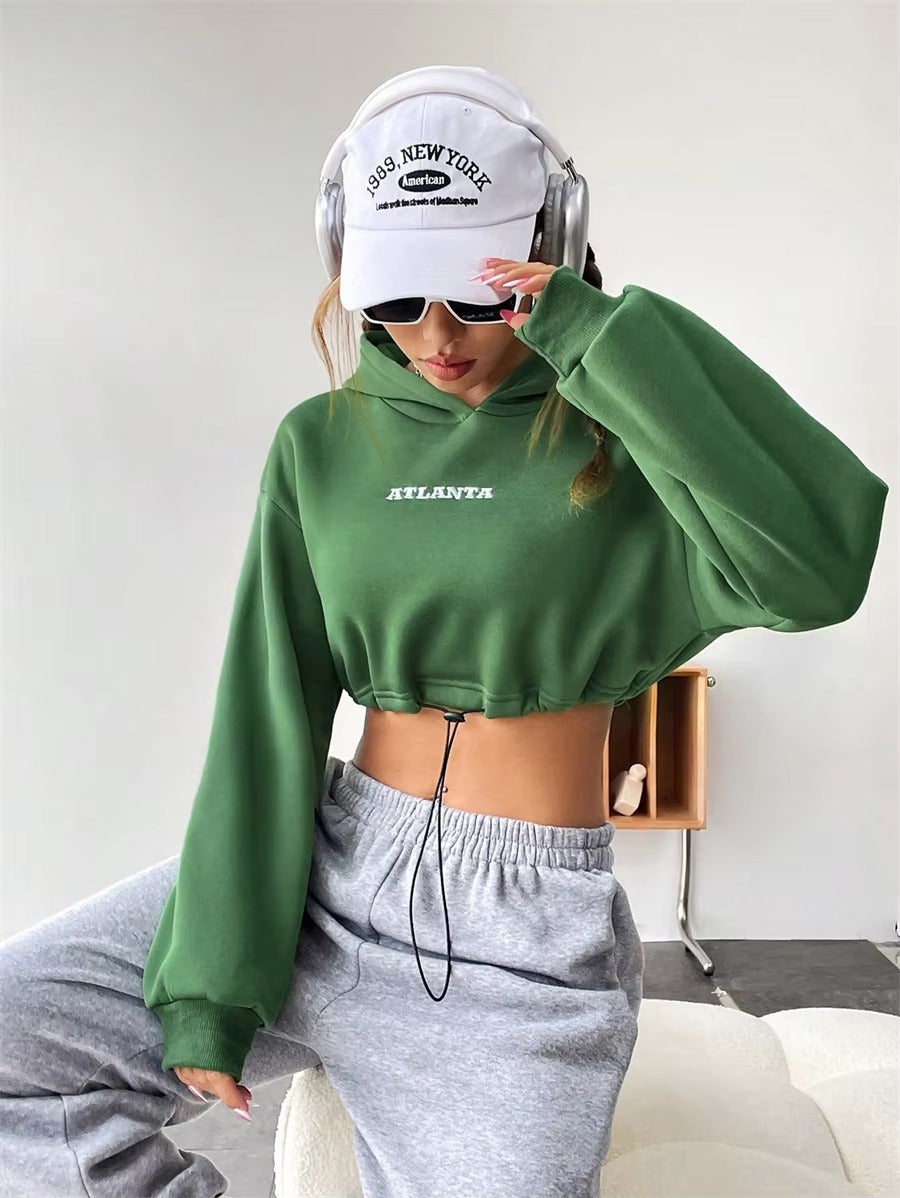 Letter Print Long Sleeve Drawstring Streetwear Cropped Hoodies Sweatshirt