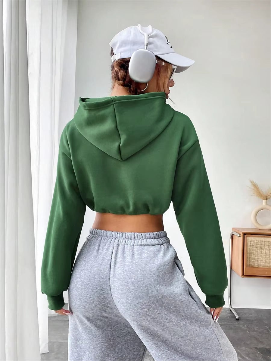 Letter Print Long Sleeve Drawstring Streetwear Cropped Hoodies Sweatshirt