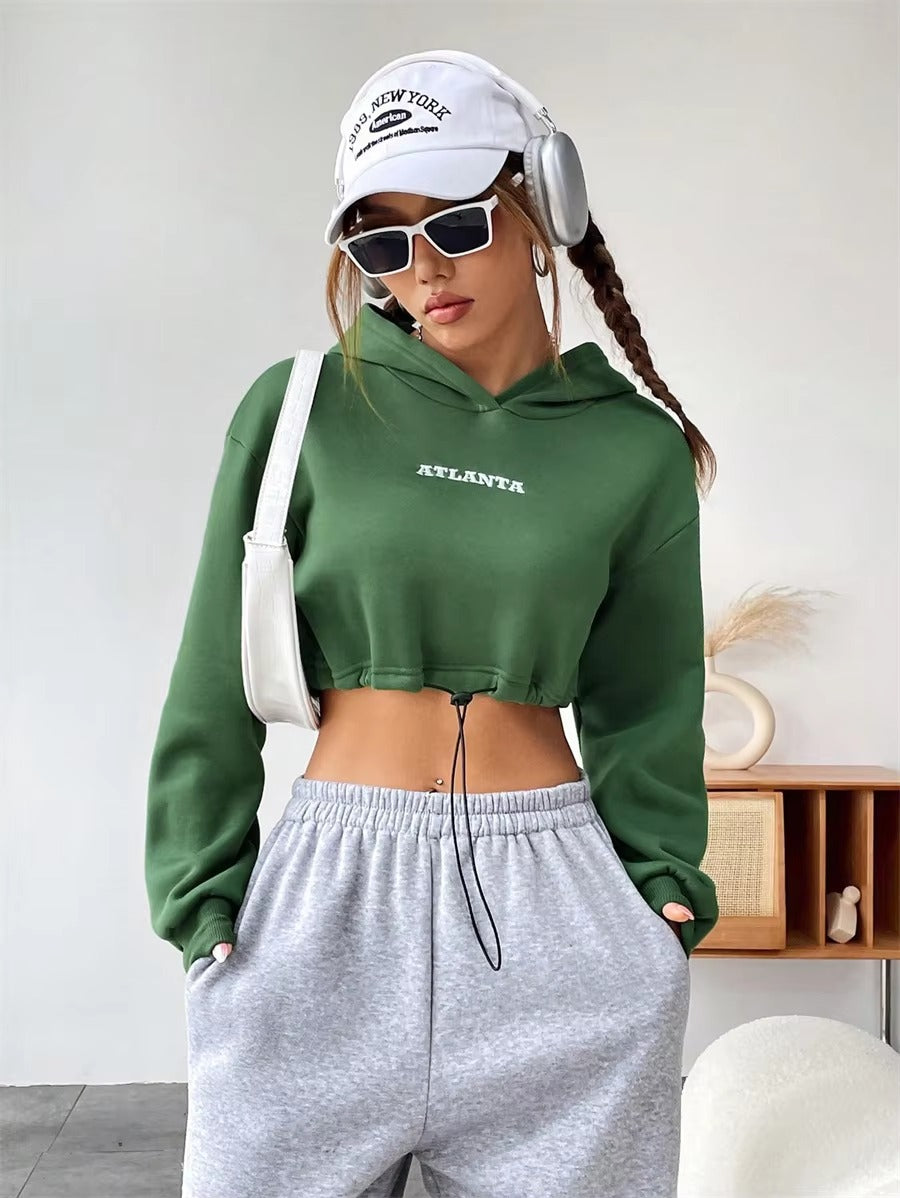 Letter Print Long Sleeve Drawstring Streetwear Cropped Hoodies Sweatshirt