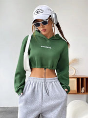 Letter Print Long Sleeve Drawstring Streetwear Cropped Hoodies Sweatshirt