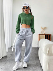 Letter Print Long Sleeve Drawstring Streetwear Cropped Hoodies Sweatshirt