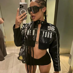 Letter Printed Leather Hipster Long Sleeve Zipper Crop Jackets