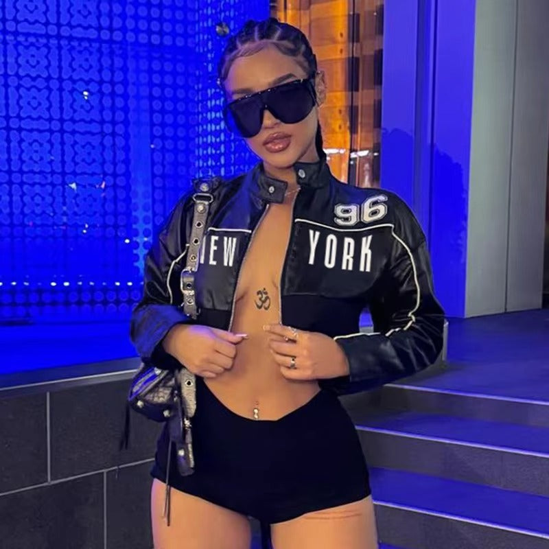 Letter Printed Leather Hipster Long Sleeve Zipper Crop Jackets