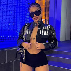 Letter Printed Leather Hipster Long Sleeve Zipper Crop Jackets