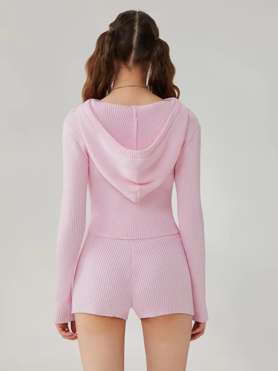 Elegant Solid Long Sleeve Hooded Zipped Sweater with Flower Shorts