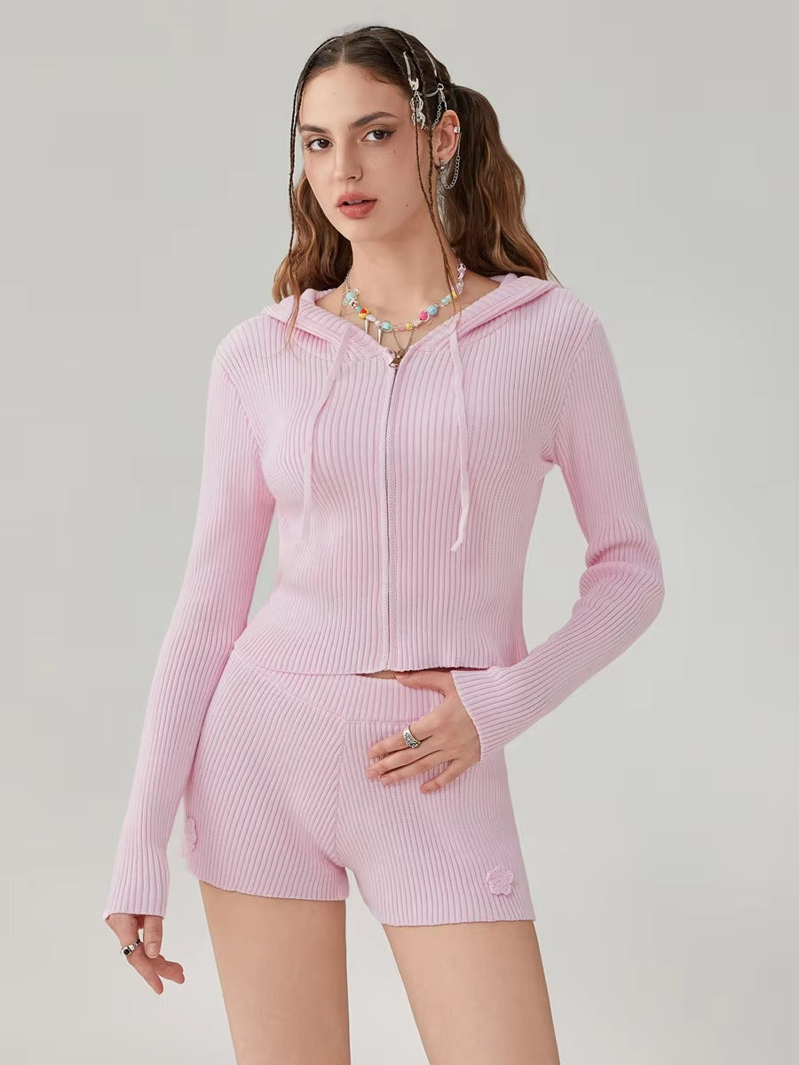 Elegant Solid Long Sleeve Hooded Zipped Sweater with Flower Shorts