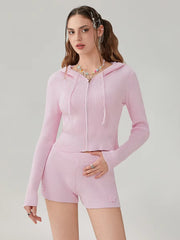 Elegant Solid Long Sleeve Hooded Zipped Sweater with Flower Shorts