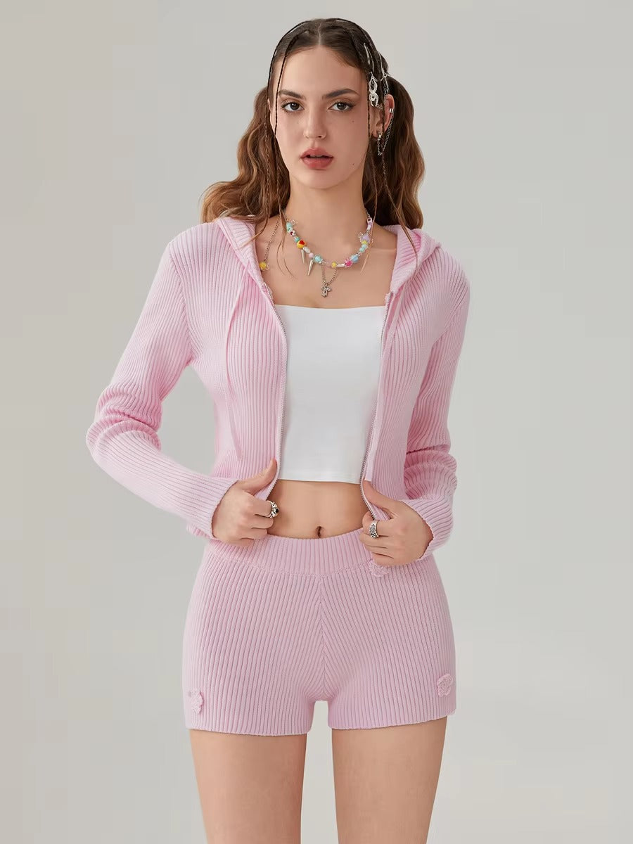 Elegant Solid Long Sleeve Hooded Zipped Sweater with Flower Shorts
