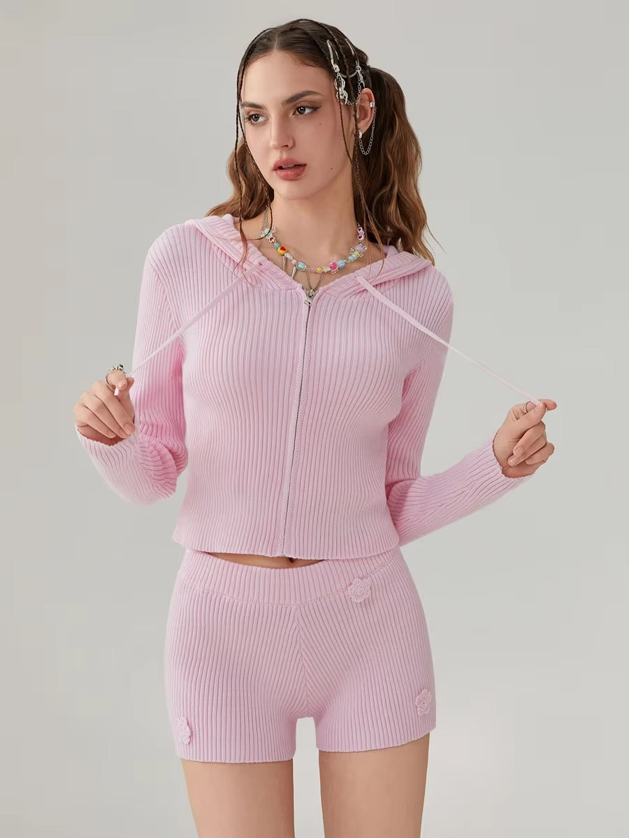 Elegant Solid Long Sleeve Hooded Zipped Sweater with Flower Shorts