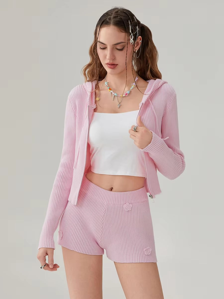 Elegant Solid Long Sleeve Hooded Zipped Sweater with Flower Shorts