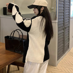 Long Sleeve O-Neck Love Heart Patchwork Knitted Sweater