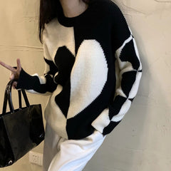 Long Sleeve O-Neck Love Heart Patchwork Knitted Sweater