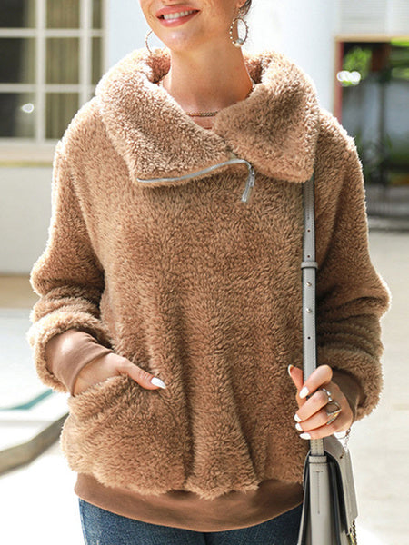Long Sleeves High Collar Zipper Faux Fur Hoddie